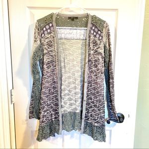 Cardigan Sweater Top Green Purple Lace Ruffle Distressed Boho Free People Style